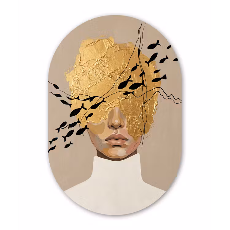 Modern - Vrouw - Goud Wandcirkel Ovaal Aluminium middel -3d