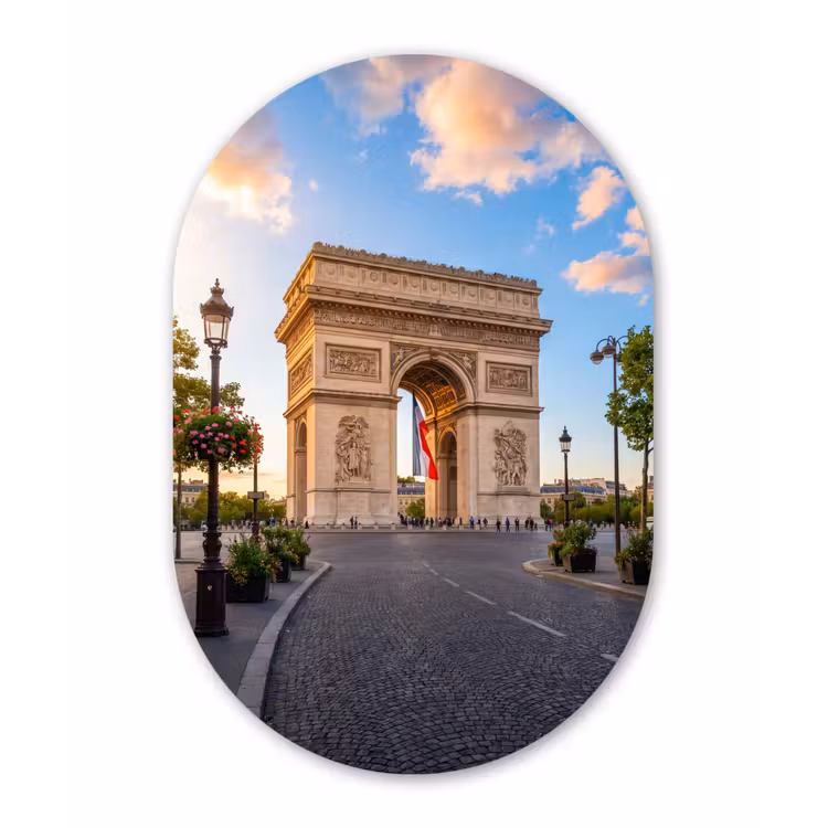 Monument - Parijs - Zonsondergang - Architectuur - Goud Wandcirkel Ovaal Aluminium middel -3d