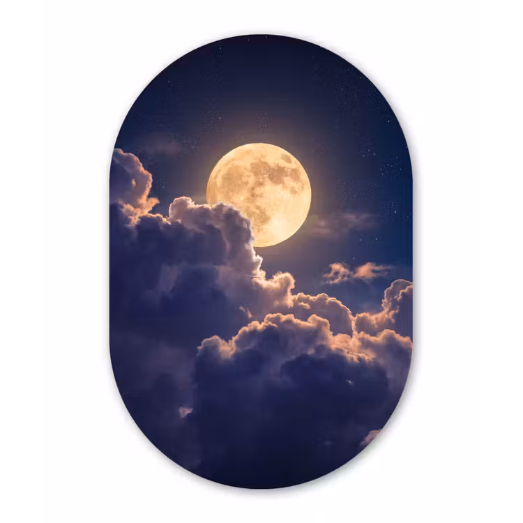 Maan - Wolken - Nacht - Oranje Wandcirkel Ovaal Aluminium middel -3d