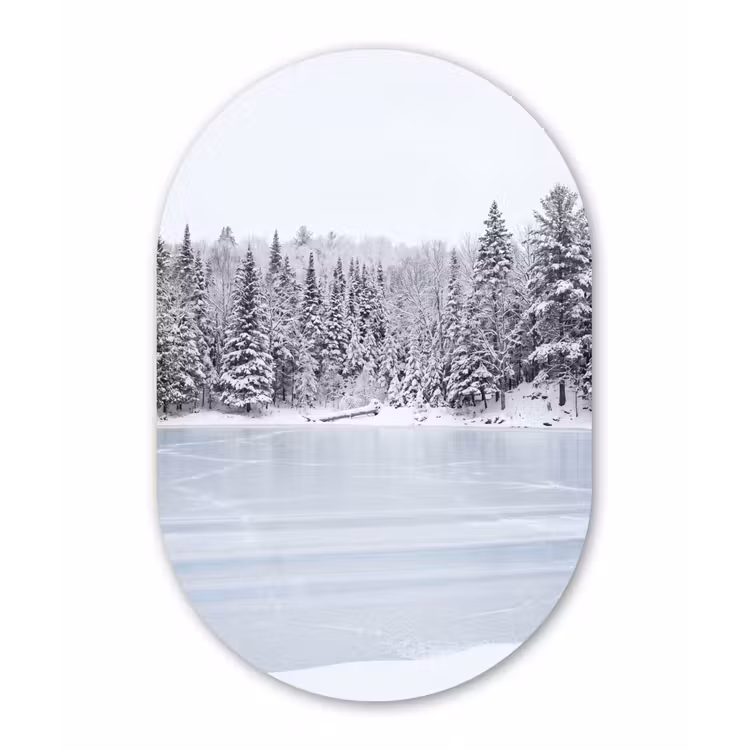 Meer - Dennen - IJs - Winter - Rustgevend Wandcirkel Ovaal Aluminium middel -3d
