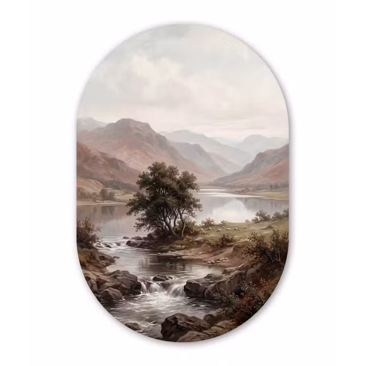 Berglandschap - Meer - Bergen - Vallei - Klassiek Wandcirkel Ovaal Aluminium middel -3d