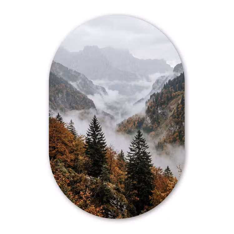 Bergen - Vallei - Mist - Herfst - Natuur Wandcirkel Ovaal Aluminium middel -3d