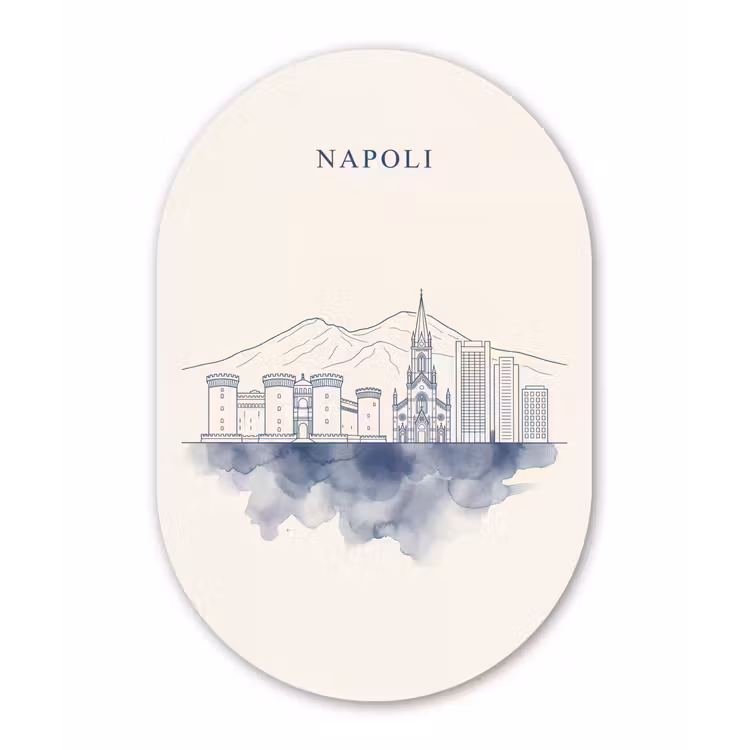 Napels - Skyline - Italie - Lijntekening - Aquarel Wandcirkel Ovaal Aluminium middel -3d