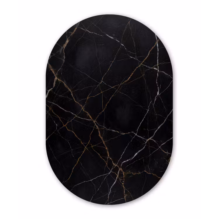 Natuursteen - Marmerpatroon - Abstract - Modern - Zwart - Goud Wandcirkel Ovaal Aluminium middel -3d