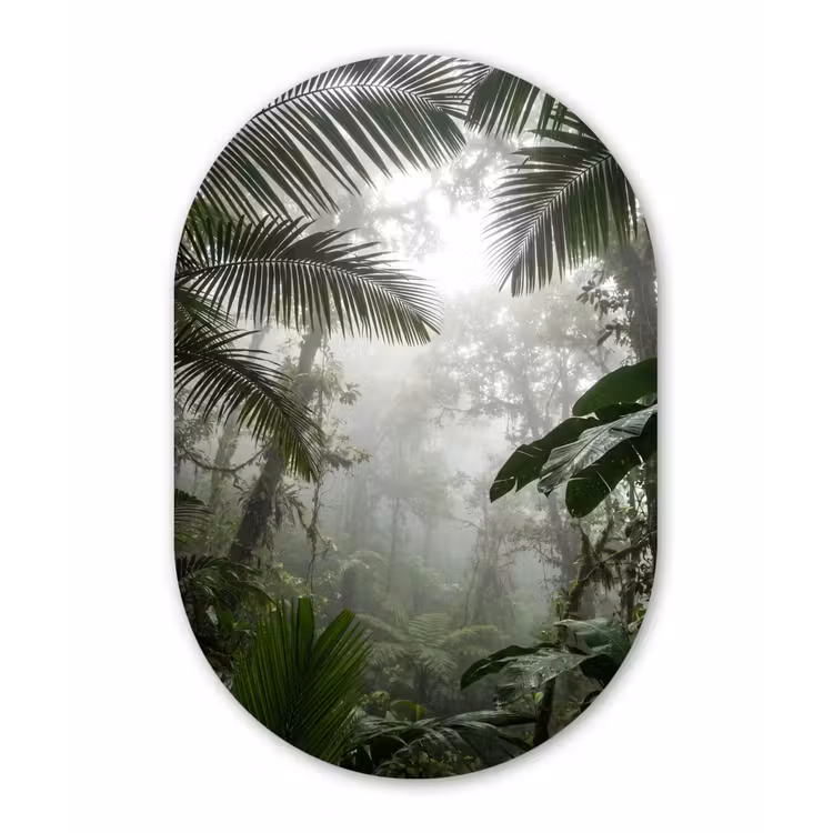 Natuur - Jungle - Mist - Groen - Bladeren Wandcirkel Ovaal Aluminium middel -3d