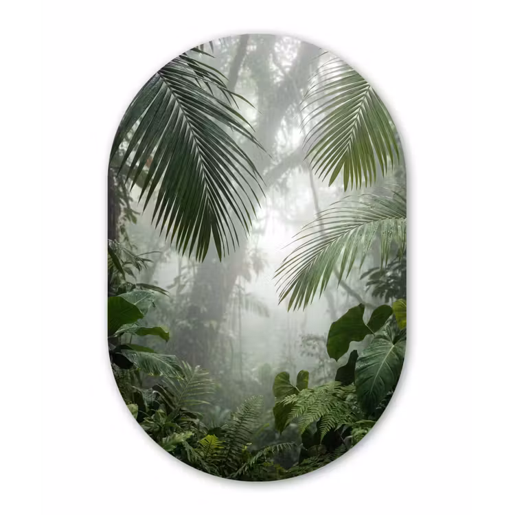 Natuur - Jungle - Mist - Tropisch - Groen Wandcirkel Ovaal Aluminium middel -3d