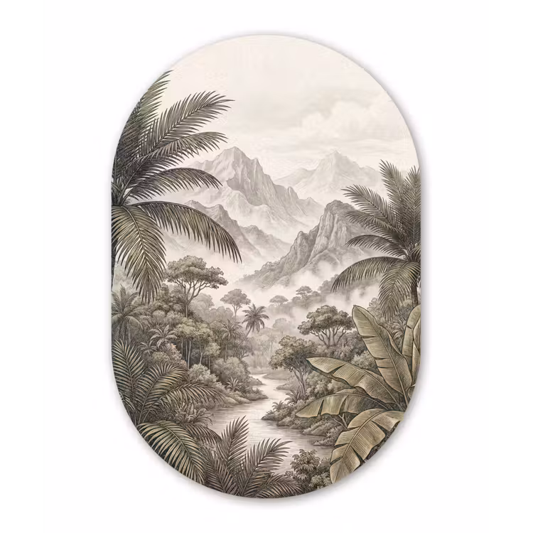 Natuur - Bergen - Rivier - Tropisch - Vintage Wandcirkel Ovaal Aluminium middel -3d