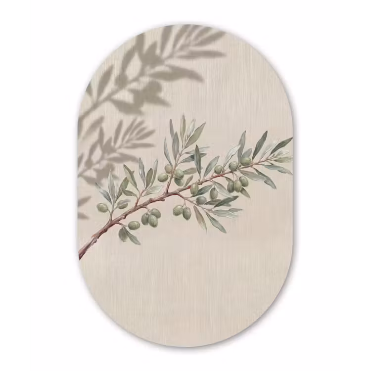 Olijftak - Bladeren - Natuur - Groen - Beige Wandcirkel Ovaal Aluminium middel -3d