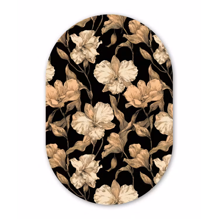 Orchideeën - Lijntekening - Patroon - Beige - Zwart Wandcirkel Ovaal Aluminium middel 839 -3d