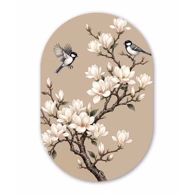 Oosters - Vogels - Beige Wandcirkel Ovaal Aluminium middel -3d