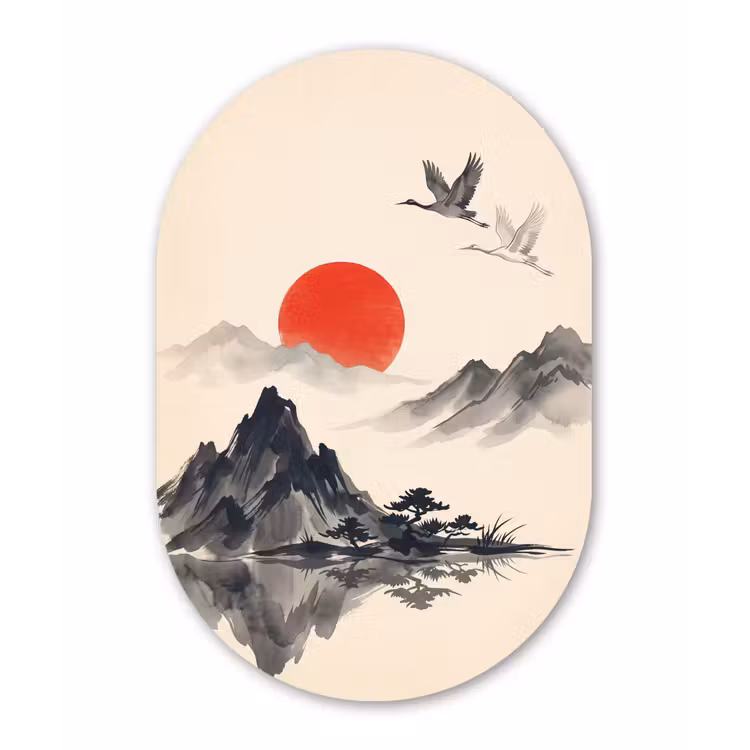 Oosters - Kraanvogels - Landschap Wandcirkel Ovaal Aluminium middel -3d