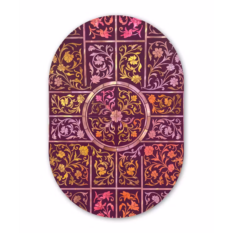Patroon - Floraal - Oosters - Paars - Goud Wandcirkel Ovaal Aluminium middel -3d
