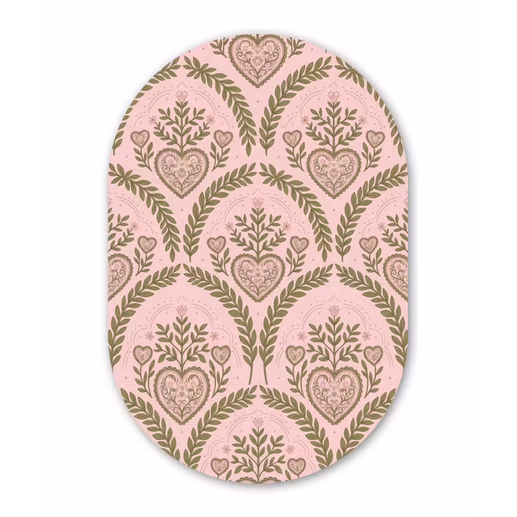 Patroon - Hart - Bloemen - Folkloristisch - Roze Wandcirkel Ovaal Aluminium middel -3d