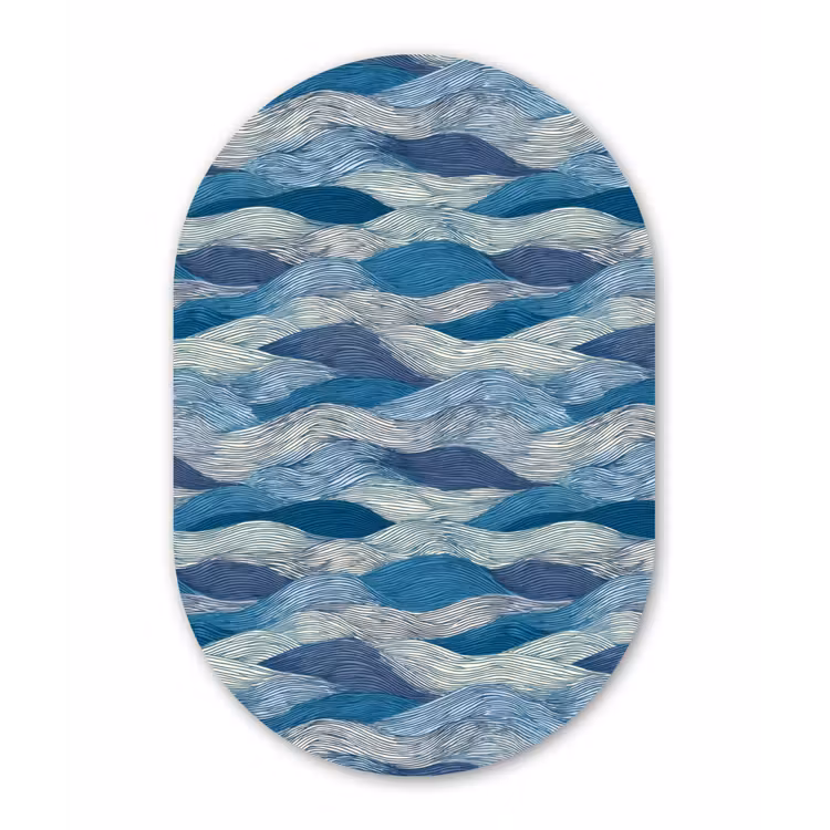 Getekend - Blauw - Wit - Golvend - Streepjes Wandcirkel Ovaal Aluminium middel 839 -3d