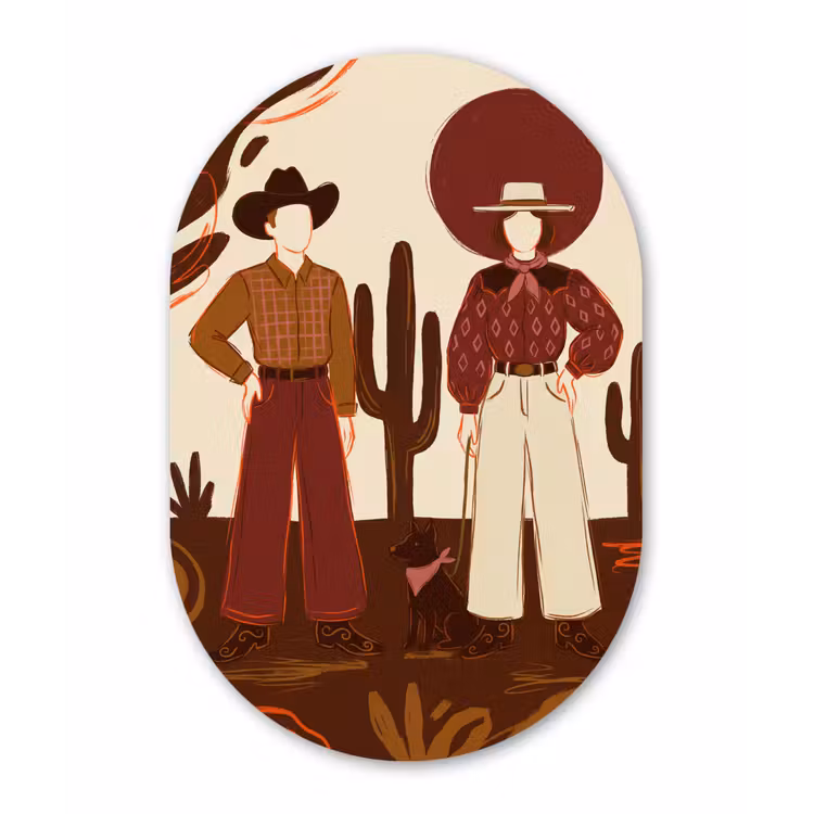 Mensen - Cowboykleding - Westerse stijl - Illustratie - Bruin Wandcirkel Ovaal Aluminium middel -3d