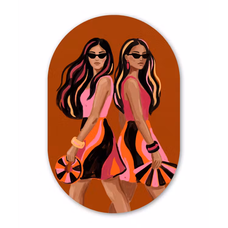 Mensen - Duo - Mode - Illustratie - Kleurrijk Wandcirkel Ovaal Aluminium middel -3d