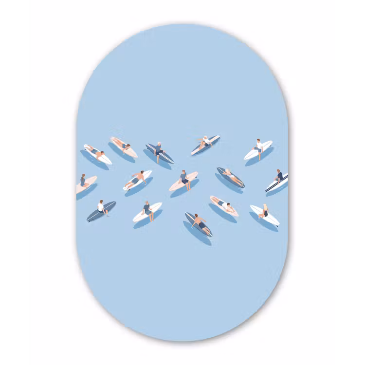 Mensen - Surfen - Water - Zomer - Illustratie Wandcirkel Ovaal Aluminium middel -3d