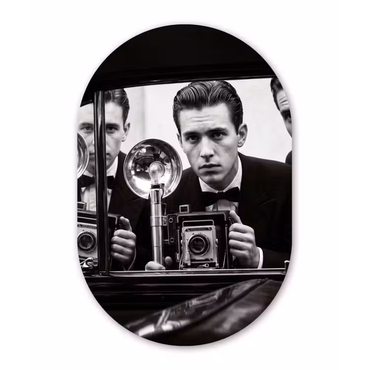 Fotograaf - Camera - Vintage - Journalistiek - Zwart-wit Wandcirkel Ovaal Aluminium middel -3d