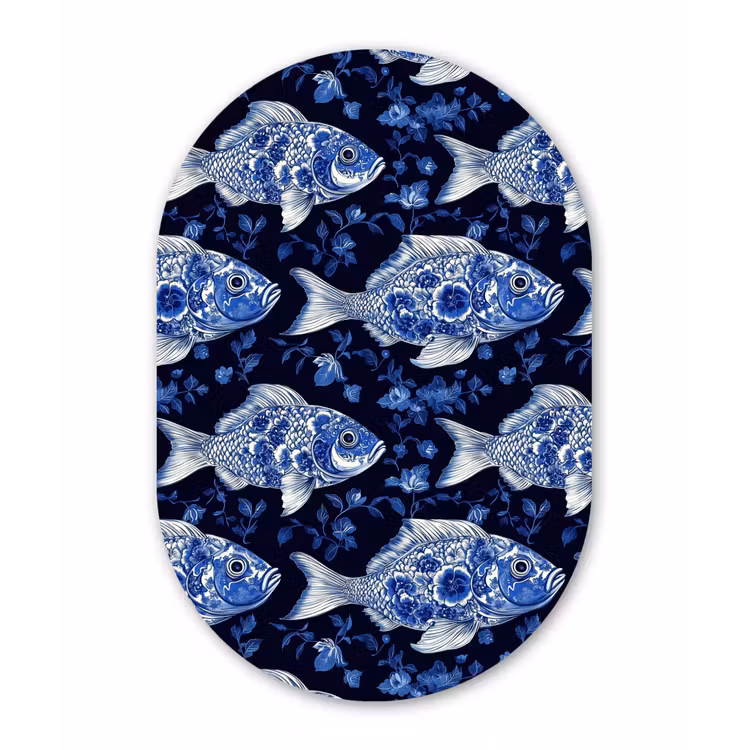 Vissen - Bloemen - Blauw Wandcirkel Ovaal Aluminium middel 839 -3d
