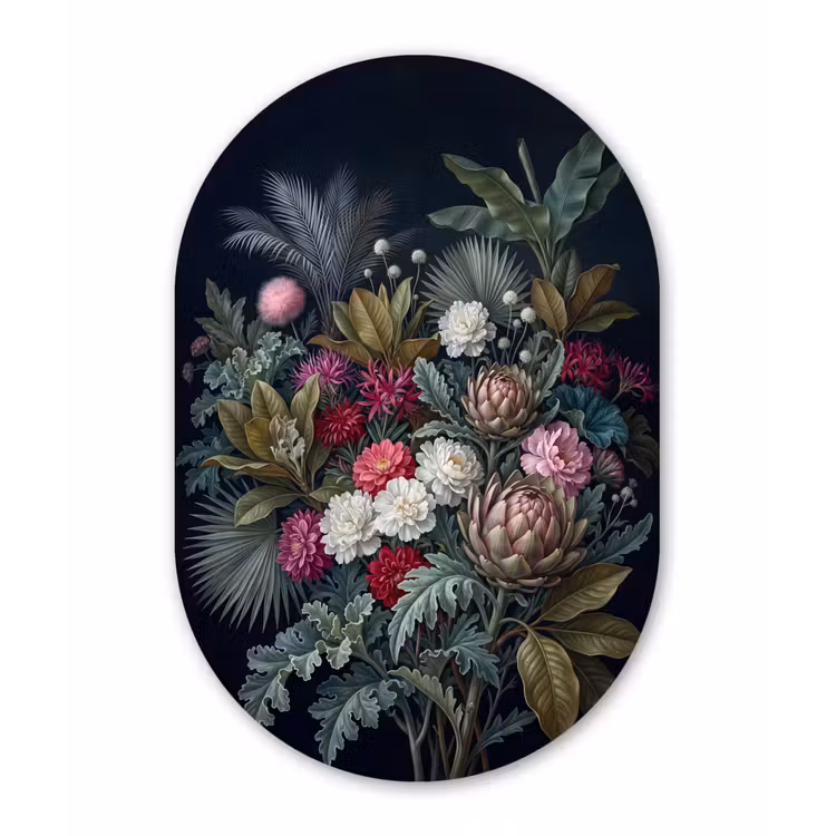 Planten - Tropisch - Botanisch - Donker - Groen Wandcirkel Ovaal Aluminium middel -3d