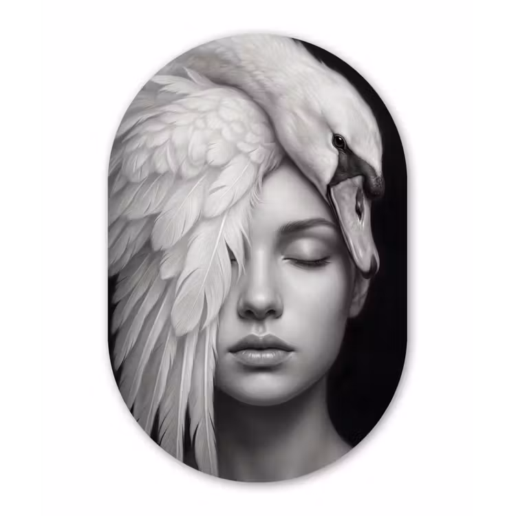 Portret - Zwaan - Zwart - Wit Wandcirkel Ovaal Aluminium middel -3d
