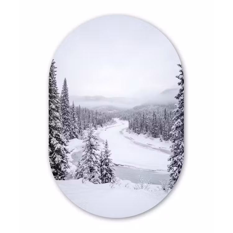 Rivier - Bevroren - Landschap - Winter Wandcirkel Ovaal Aluminium middel -3d