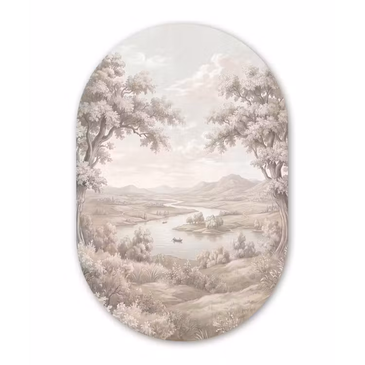 Rivierlandschap - Bergen - Natuur - Vintage - Beige Wandcirkel Ovaal Aluminium middel -3d