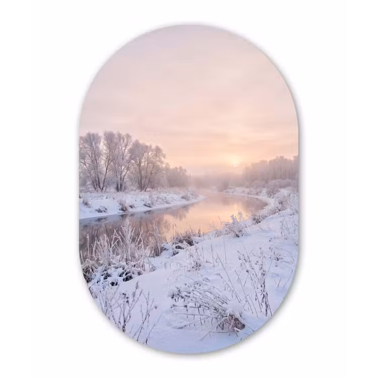 Rivier - Winter - Landschap - Sneeuw - Zonsopgang Wandcirkel Ovaal Aluminium middel -3d