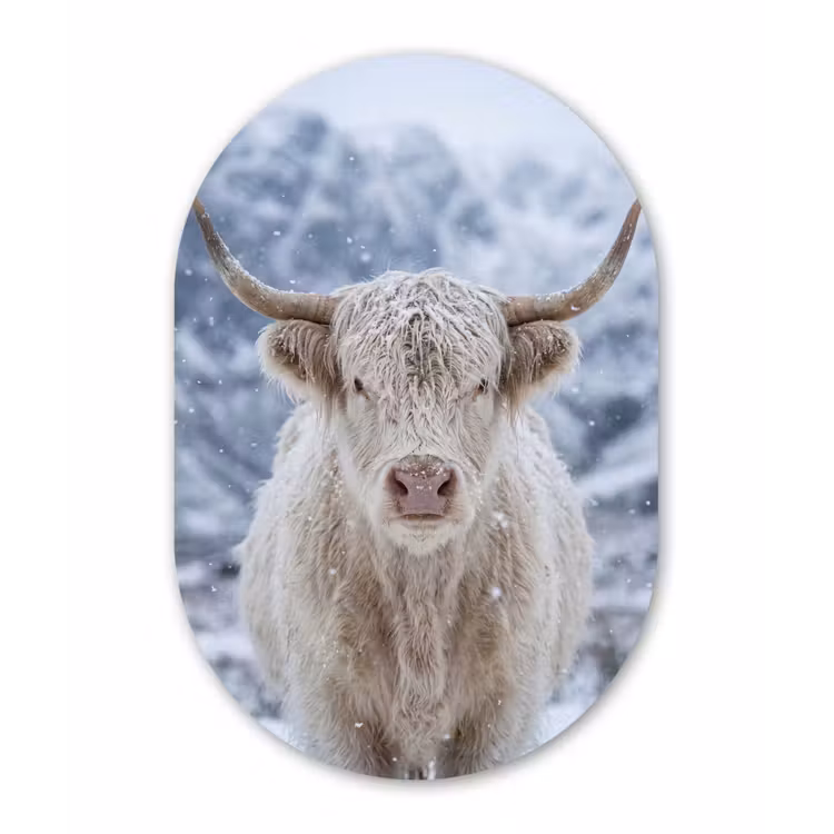 Schotse Hooglander - Sneeuw - Bergen - Winter Wandcirkel Ovaal Aluminium middel -3d