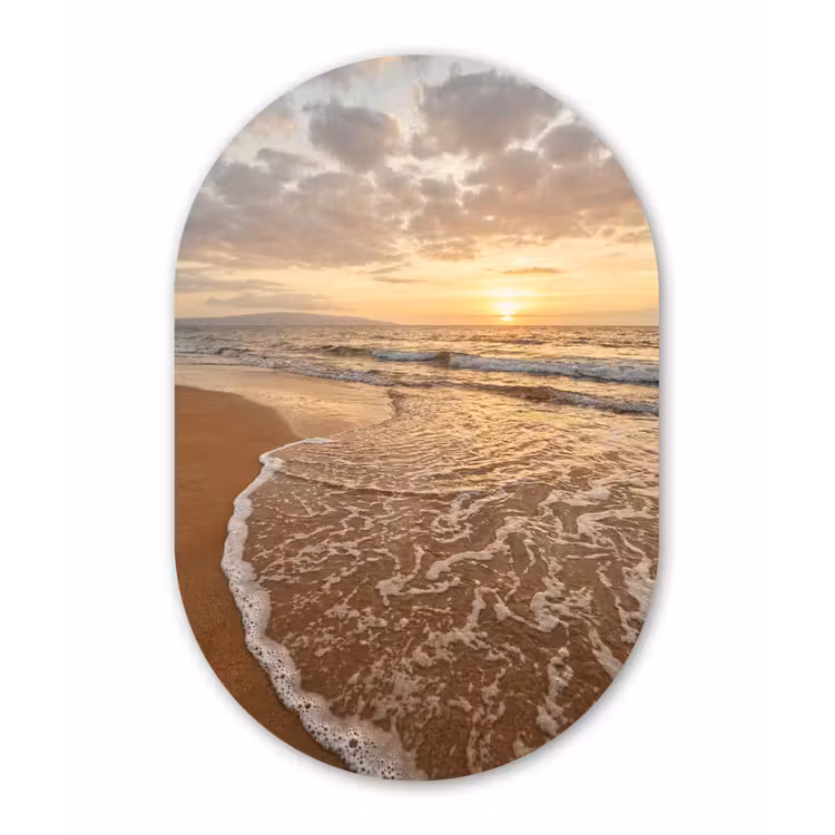 Zee - Kustlijn - Wolken - Landschap - Oranje Wandcirkel Ovaal Aluminium middel -3d