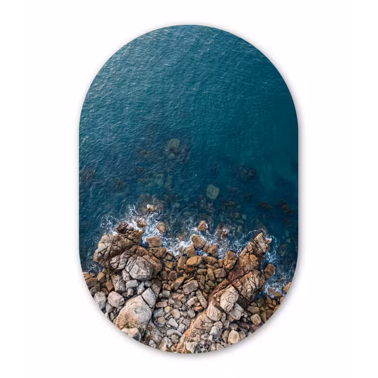 Zee - Kustlijn - Natuur - Abstract - Blauw Wandcirkel Ovaal Aluminium middel -3d