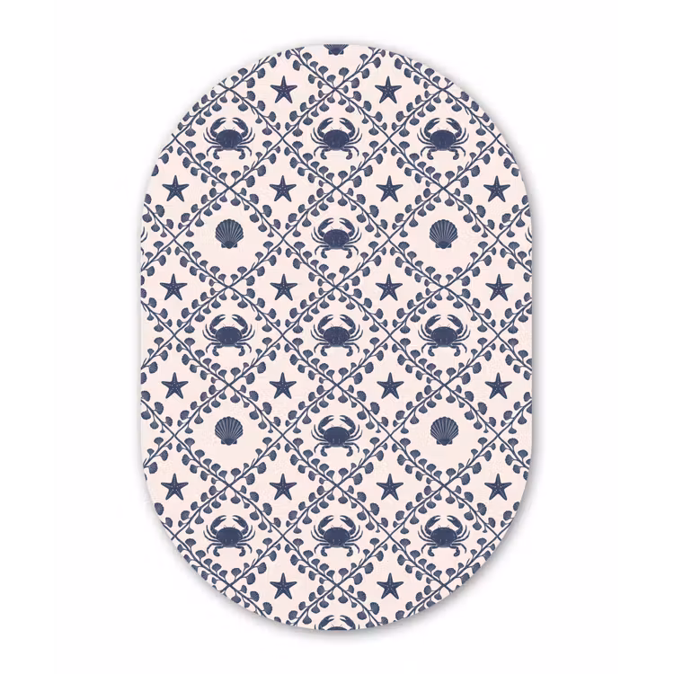 Zee - Krab - Zeester - Patroon - Blauw Wandcirkel Ovaal Aluminium middel -3d