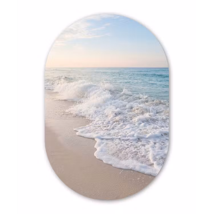 Zee - Golven - Strand - Natuur - Wit Wandcirkel Ovaal Aluminium middel -3d