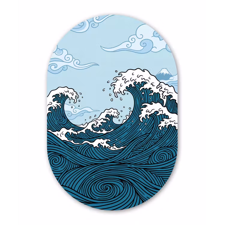 Zee - Golven - Japans - Natuur - Blauw Wandcirkel Ovaal Aluminium middel -3d