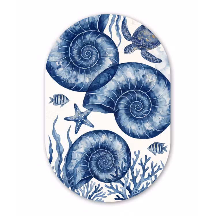 Schelp - Spiraal - Zeeleven - Aquarel - Blauw Wandcirkel Ovaal Aluminium middel -3d