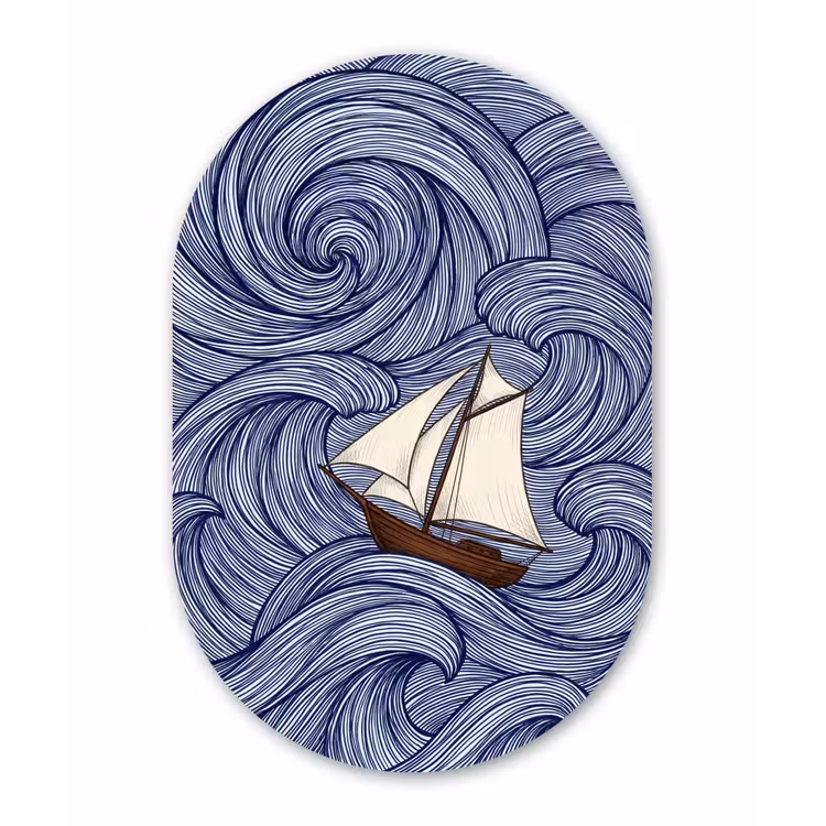 Schip - Golven - Zee - Illustratie - Blauw Wandcirkel Ovaal Aluminium middel -3d