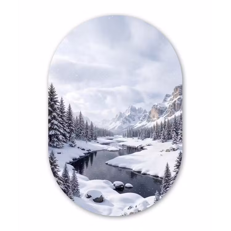 Sneeuwlandschap - Bergen - Rivier - Winter Wandcirkel Ovaal Aluminium middel -3d
