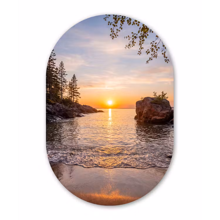 Zonsondergang - Kust - Water - Natuur - Oranje Wandcirkel Ovaal Aluminium middel -3d