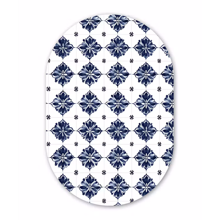 Tegelmotief - Blauw - Wit - Bloem Wandcirkel Ovaal Aluminium middel 839 -3d