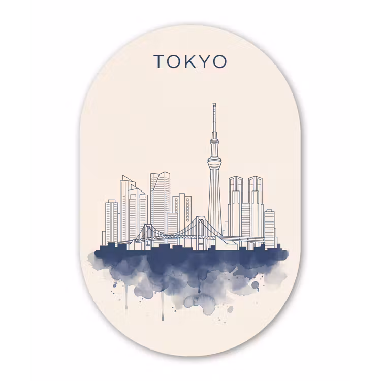 Tokyo - Skyline - Stad - Abstract - Blauw Wandcirkel Ovaal Aluminium middel -3d