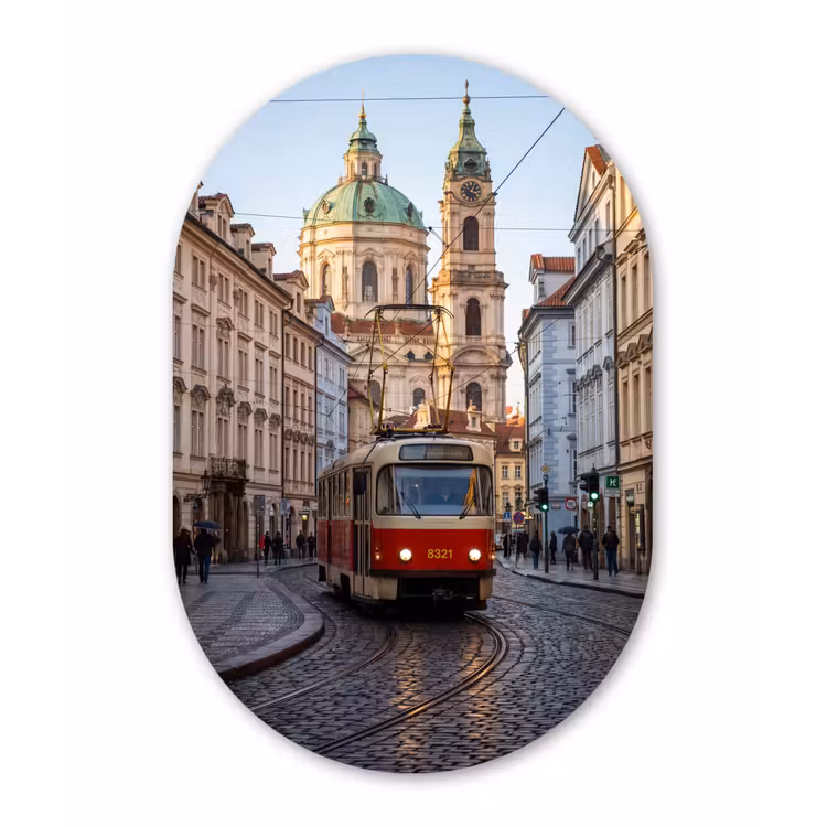 Tram - Straat - Stadsgezicht - Klassiek - Rood Wandcirkel Ovaal Aluminium middel -3d