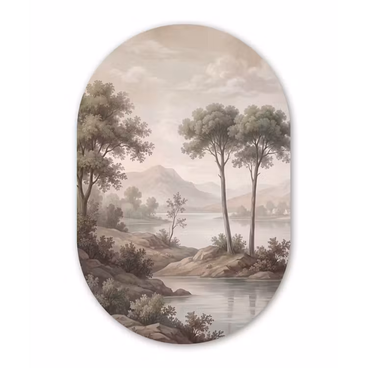 Bomen - Meer - Bergen - Illustratie Wandcirkel Ovaal Aluminium middel -3d