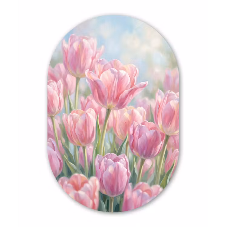 Tulpen - Veld - Lente - Roze Wandcirkel Ovaal Aluminium middel -3d