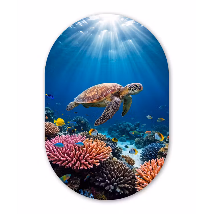 Schildpad - Koraalrif - Oceaan - Dieren - Blauw Wandcirkel Ovaal Aluminium middel -3d