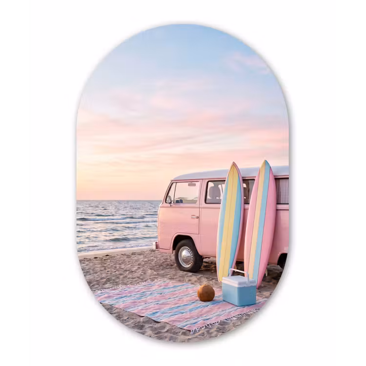 Busje - Strand - Surfplank - Zomer - Roze Wandcirkel Ovaal Aluminium middel -3d
