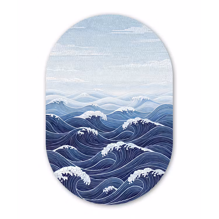 Water - Mozaïek - Landschap - Modern - Blauw Wandcirkel Ovaal Aluminium middel -3d