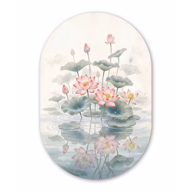 Aquarel - Lotusbloemen - Kleurrijk Wandcirkel Ovaal Aluminium middel -3d