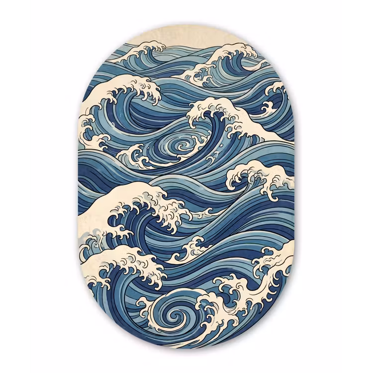 Golven - Zee - Natuur - Abstract - Blauw Wandcirkel Ovaal Aluminium middel -3d
