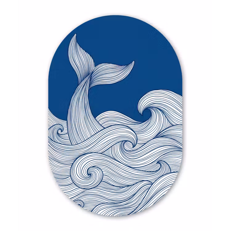 Walvis - Staart - Golven - Lijntekening - Blauw Wandcirkel Ovaal Aluminium middel -3d