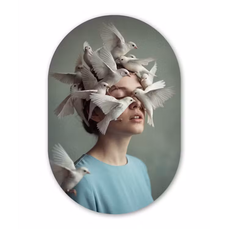 Vrouw - Vogels - Abstract - Modern - Wit Wandcirkel Ovaal Aluminium middel -3d